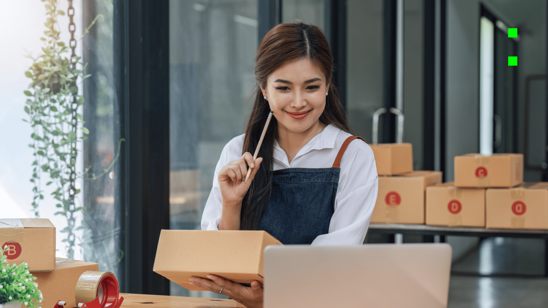 E-commerce employee smiling while looking at a laptop and holding a package, managing orders efficiently.