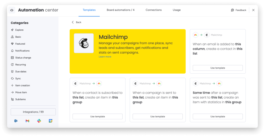 monday.com automations center displaying the Mailchimp integration
